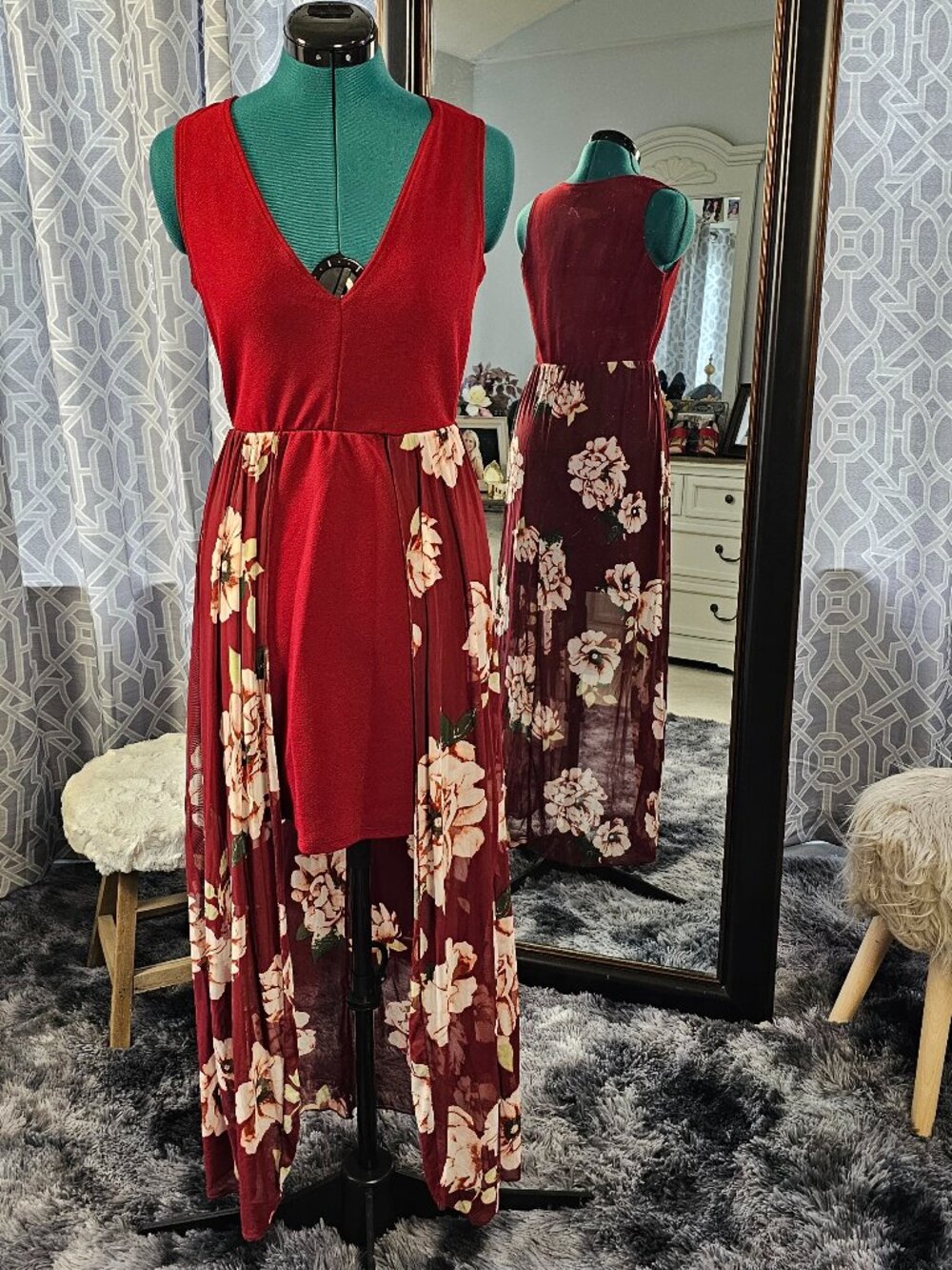 B Famous USA Floral Maxi Overlay Romper – Sheer High‑Low Skirt, Size M